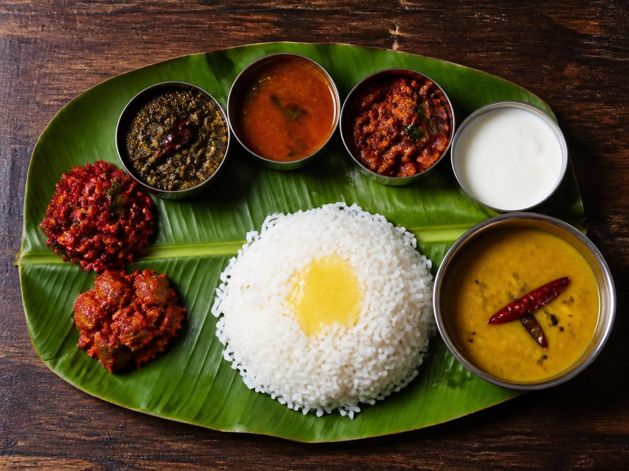 Traditional Andhra meal served on a banana leaf with gongura, pappu, rice and ghee