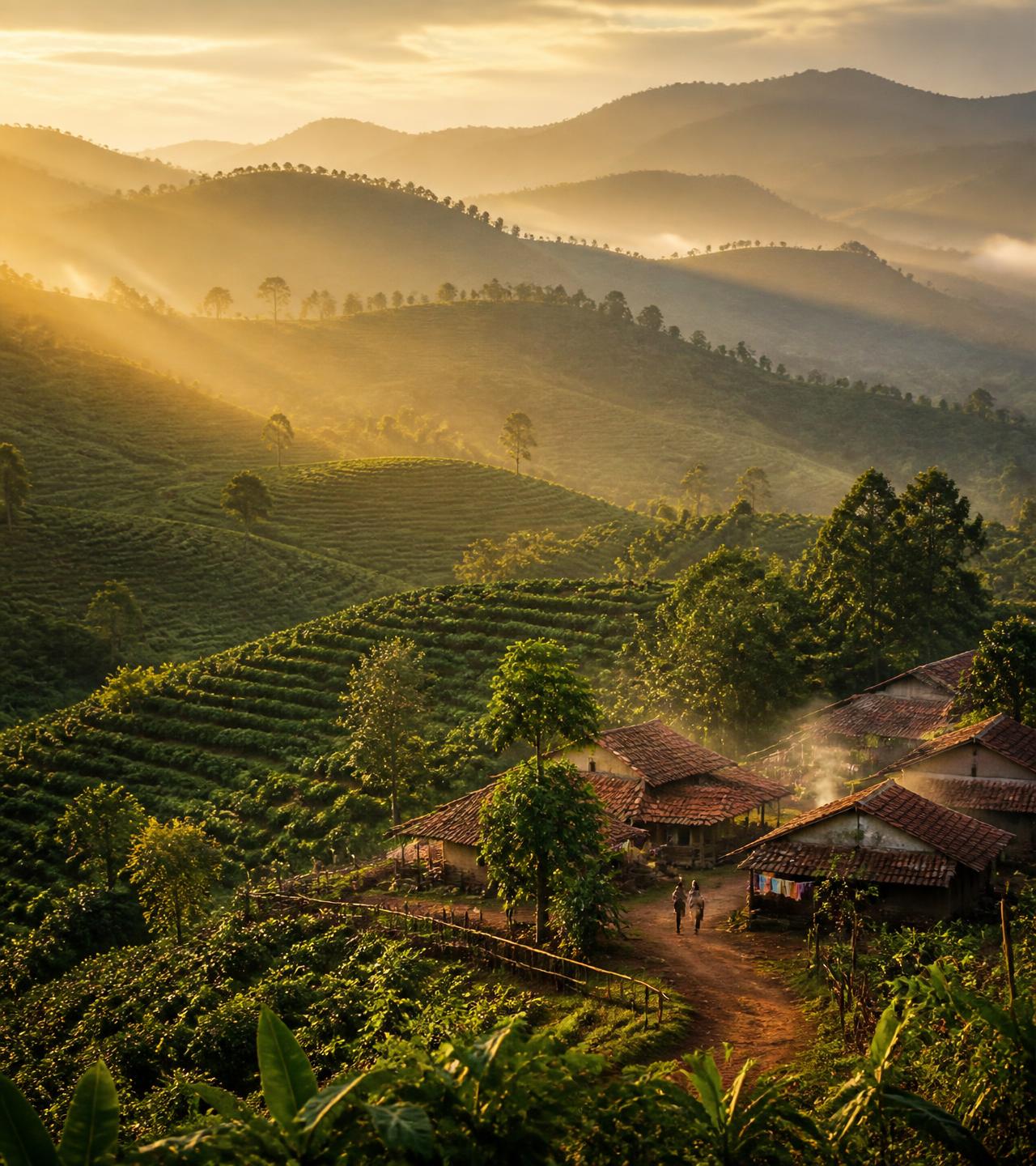 Terraced coffee plantations and a tribal hamlet in Araku Valley, Andhra Pradesh at golden hour