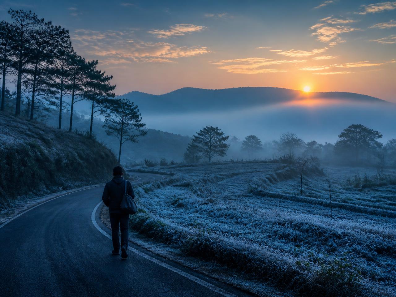 Frost-covered fields at dawn in Lambasingi, the coldest place in South India