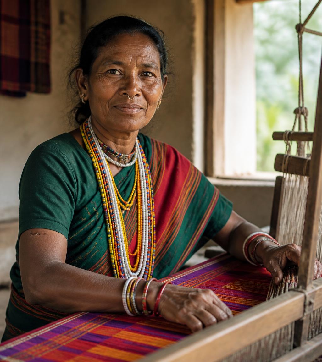 An Adivasi woman from the Araku region weaving a vivid handloom textile
